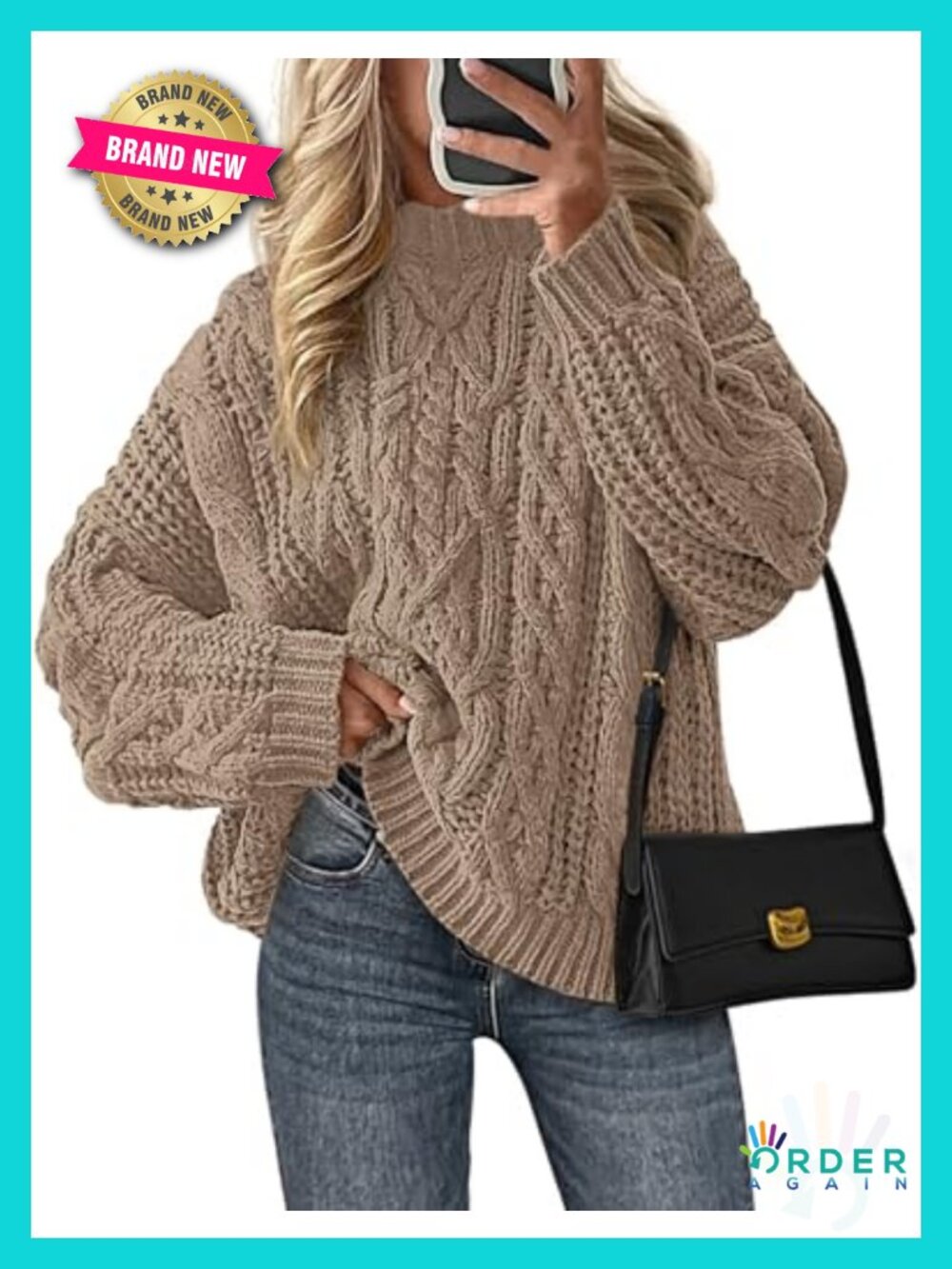 Chunky Cable Knit Crew Neck Pullover Sweater Relaxed Fit Long Sleeve